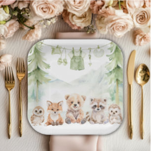 Sage Green Woodland Adventure Awaits Baby Shower Paper Plates