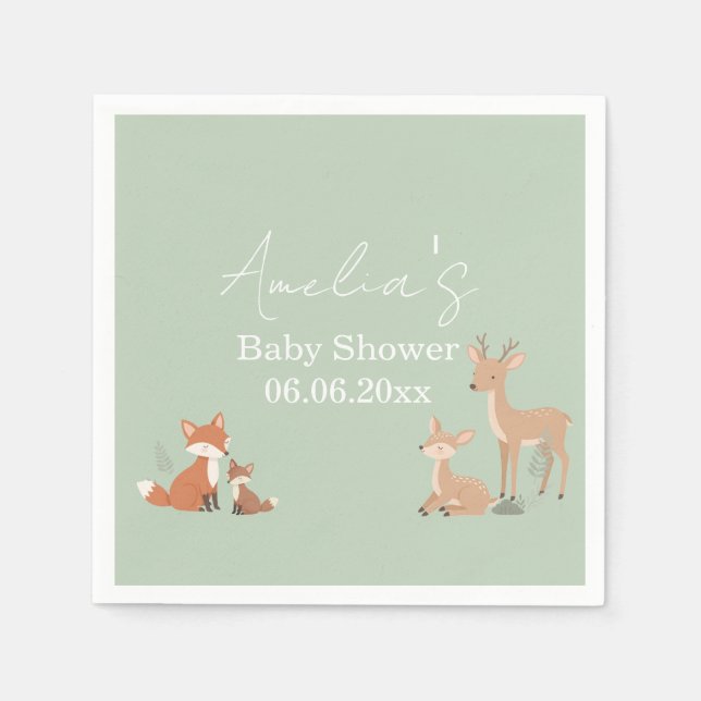 Sage Green Woodland Animal Baby Shower  Napkins (Front)