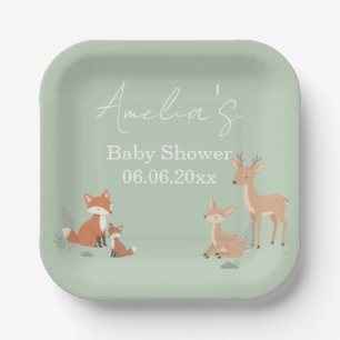 Sage Green Woodland Animal Baby Shower Paper Plates