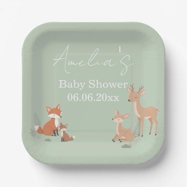 Sage Green Woodland Animal Baby Shower  Paper Plates (Front)