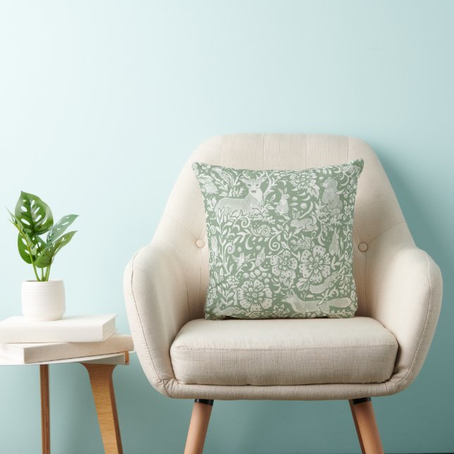 Sage Green Woodland Animal Floral Nature  Throw Pillow (Chair)