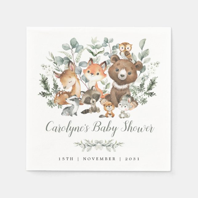 Sage Green Woodland Animals Eucalyptus Baby Shower Napkins (Front)