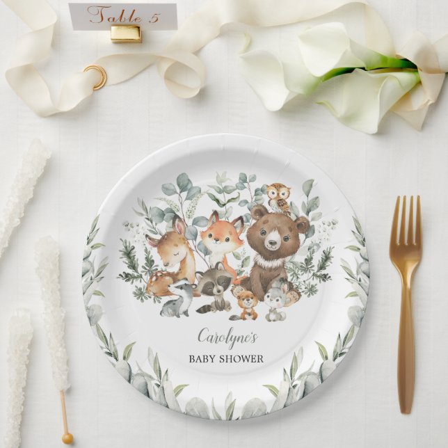 Sage Green Woodland Animals Eucalyptus Baby Shower Paper Plates (Wedding)