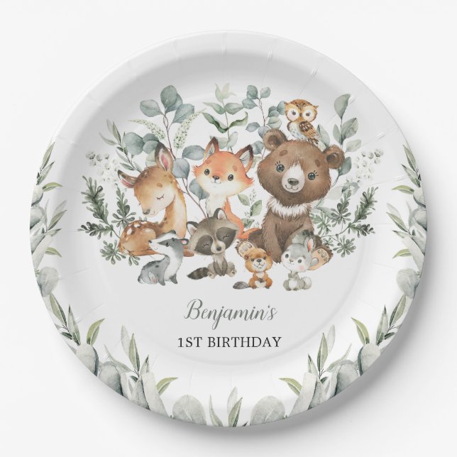 Sage Green Woodland Animals Eucalyptus Birthday Paper Plates (Front)