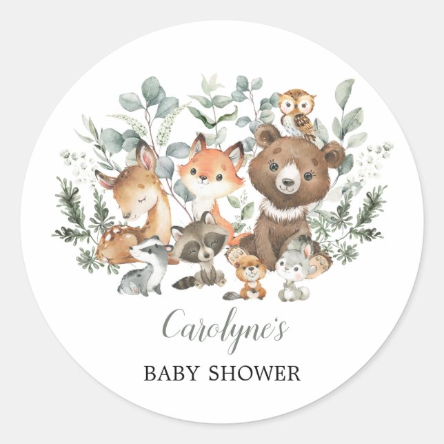 Sage Green Woodland Animals Greenery Baby Shower Classic Round Sticker (Front)