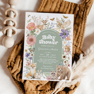 Sage Green Woodland Animals Wildflower Baby Shower Invitation