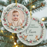 Sage Green Woodland Baby First Christmas Photo Ceramic Ornament<br><div class="desc">Celebrate your little one’s first Christmas with this adorable sage green woodland-themed ceramic ornament. Featuring a spot for your baby’s photo surrounded by charming forest animals and soft greenery, this keepsake adds a warm, rustic touch to your holiday décor. The timeless sage color palette makes it perfect for boys or...</div>
