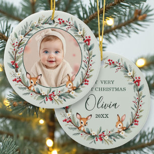 Sage Green Woodland Baby First Christmas Photo Ceramic Ornament