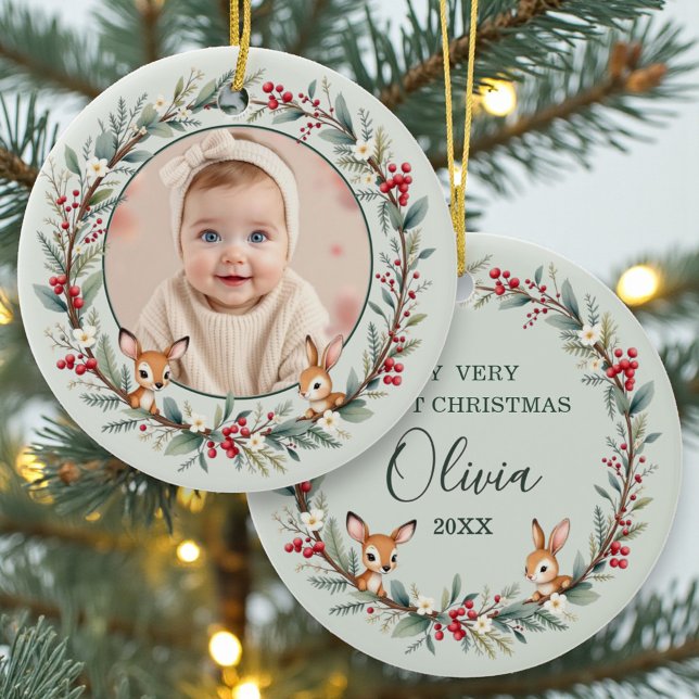 Sage Green Woodland Baby First Christmas Photo Ceramic Ornament (Creator Uploaded)