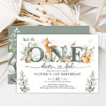 Sage Green Woodland One-deerful 1st Birthday Boy Invitation<br><div class="desc">This elegant 1st birthday invitation features soft watercolor greenery,  adorable forest animals and modern lettering.</div>