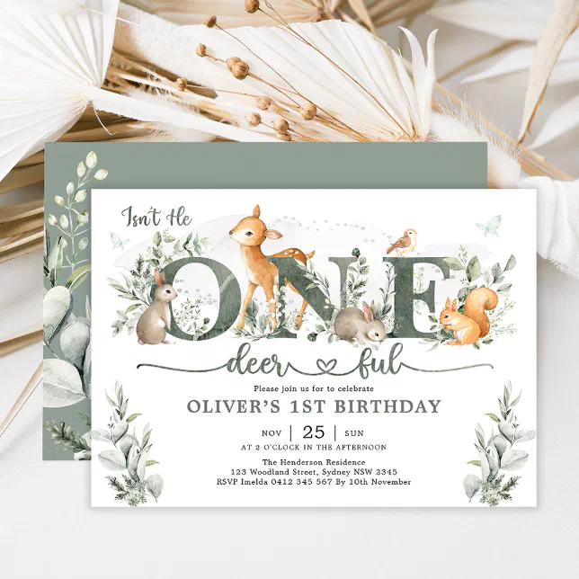 Sage Green Woodland Onedeerful 1st Birthday Boy Invitation Zazzle