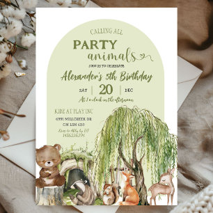 Sage Green Woodland Party Animals Boy Birthday Invitation