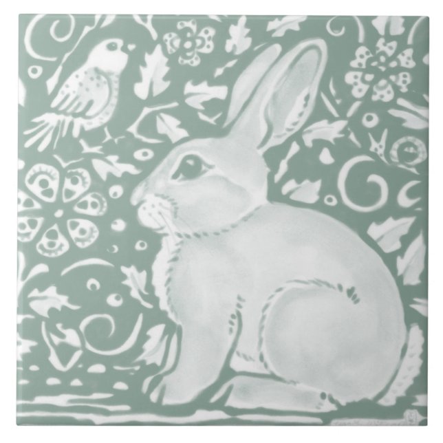Sage Green Woodland Rabbit Forest Animal Nature Ceramic Tile (Front)