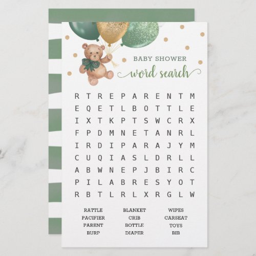 Sage Green Word Search Scramble Game Teddy Bear 