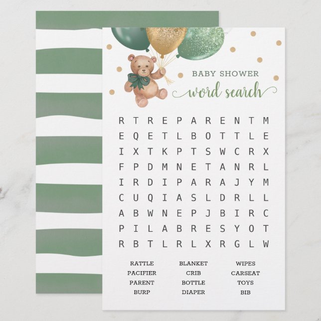 Sage Green Word Search Scramble Game Teddy Bear  (Front/Back)