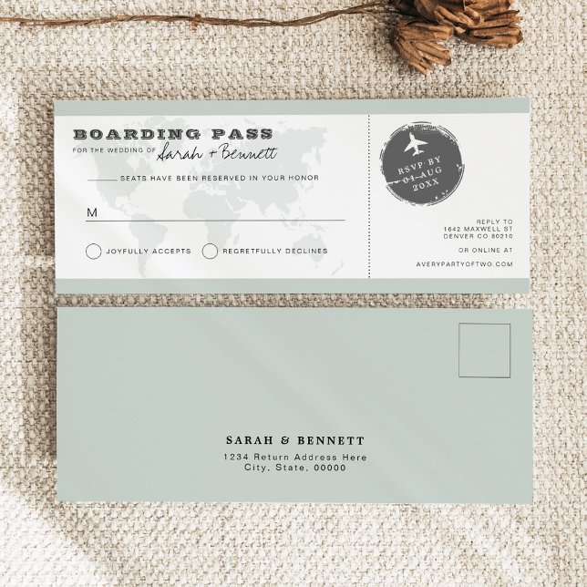 Sage Green World Map Boarding Pass RSVP Card (Creator Uploaded)