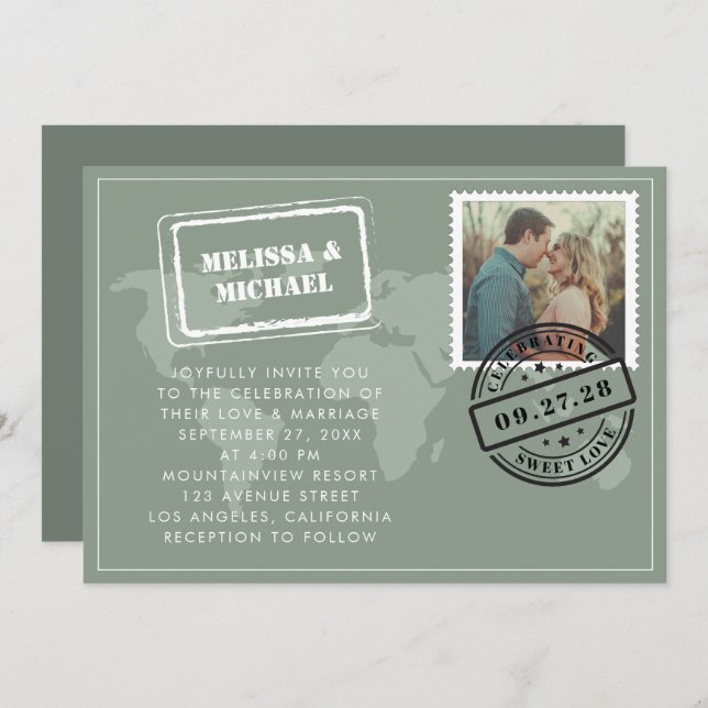 Sage Green World Map Destination Wedding Photo Invitation (Front/Back)