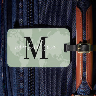 Sage Green World Map Script Monogram Luggage Tag