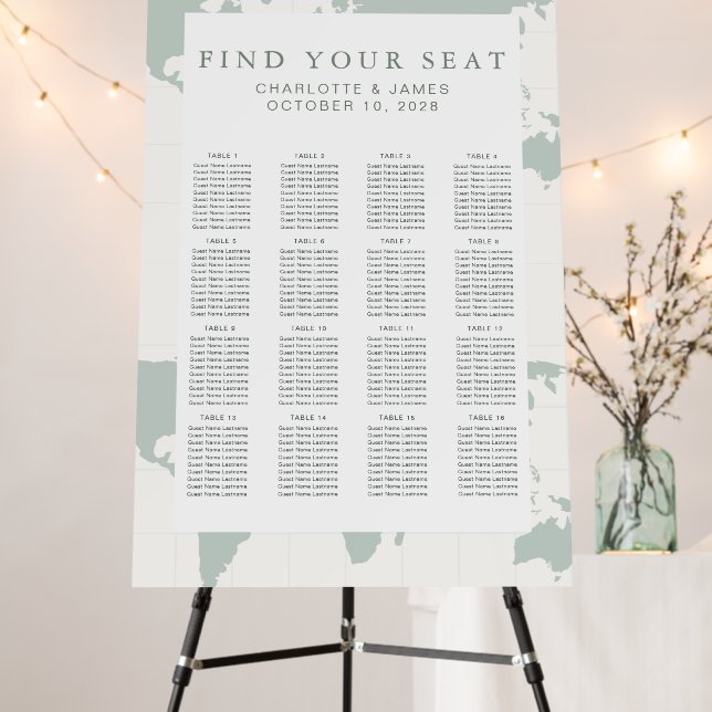 Sage Green World Map Wedding Seating Chart Sign (In Situ (Stand))
