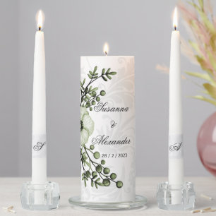 Sage Green Wreath Boho Damask Wedding Unity Candle Set