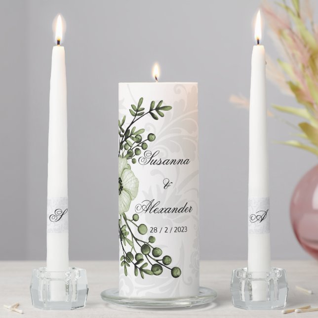 Sage Green Wreath Boho Damask Wedding Unity Candle Set (In Situ)