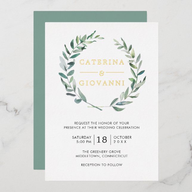 Sage Green Wreath Greenery Rustic Wedding Gold Foil Invitation (Front/Back)