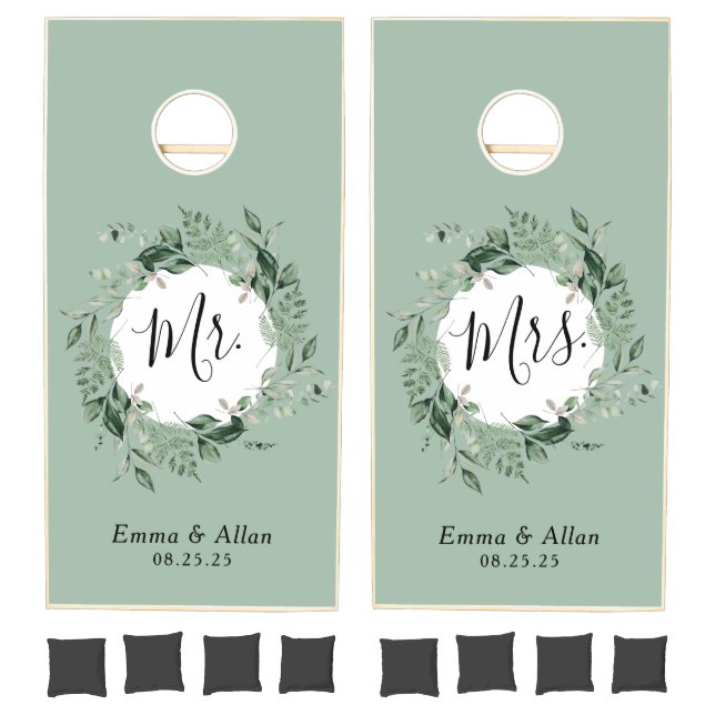 Sage Green wreath greenery wedding activity Cornhole Set (Set)
