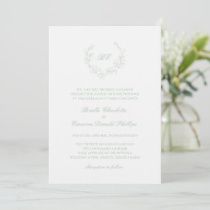 Sage Green Wreath Monogram Elegant Wedding Invitation