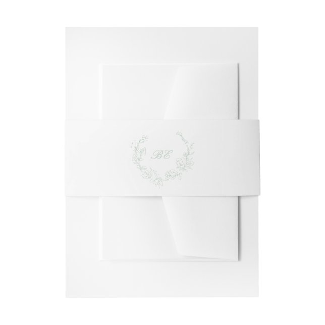Sage Green Wreath Monogram Elegant Wedding Invitation Belly Band (Front Example)