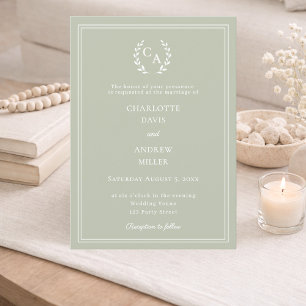Sage green wreath monogram luxury wedding invitation