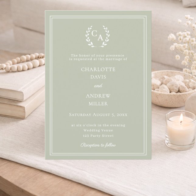 Sage green wreath monogram luxury wedding  invitation (Creator Uploaded)