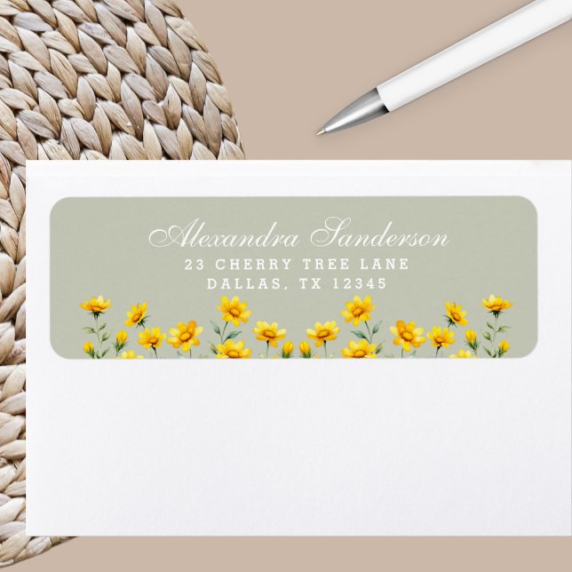 Sage Green Yellow Boho Wildflower Return Address Label (Creator Uploaded)