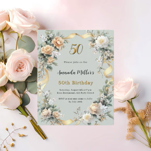 Sage green yellow florals gold birthday invitation