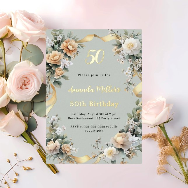 Sage green yellow florals gold luxury birthday foil invitation (Creator Uploaded)