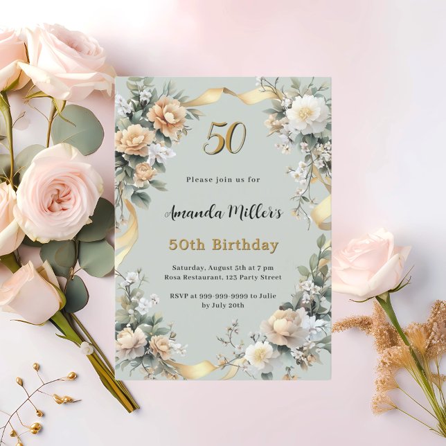 Sage green yellow florals gold luxury birthday invitation (Creator Uploaded)