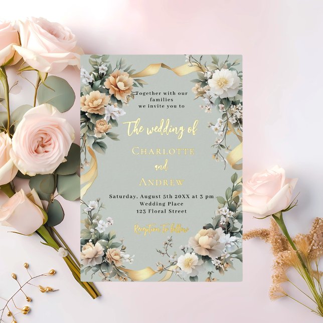 Sage green yellow florals gold wedding foil invitation (Creator Uploaded)