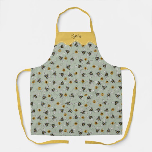 Sage Green & Yellow Fun Honeybee Pattern Gardening Apron (Front)