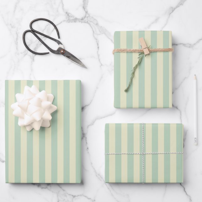 Sage Green & Yellow Stripes Wrapping Paper Sheets (Front)