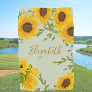 Sage Green Yellow Sunflower Custom Name Floral Golf Towel