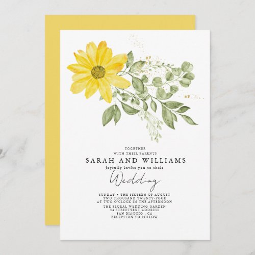 Sage Green Yellow Sunflower  Floral Boho Wedding  Invitation