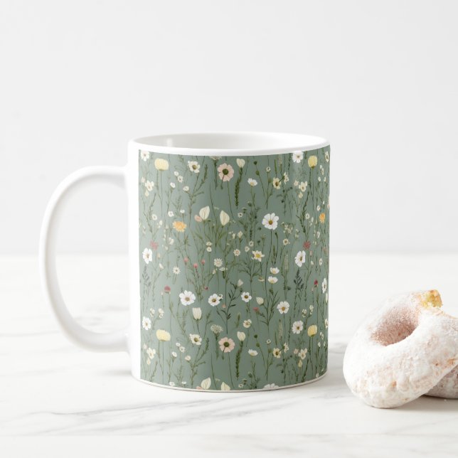 Sage Green Yellow White Boho Wildflowers Floral Coffee Mug (With Donut)