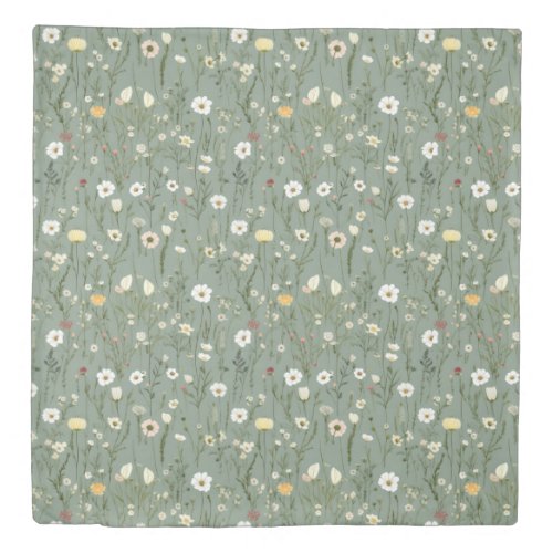 Sage Green Yellow White Boho Wildflowers Floral Duvet Cover