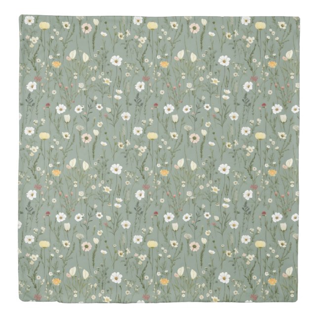 Sage Green Yellow White Boho Wildflowers Floral Duvet Cover (Front)