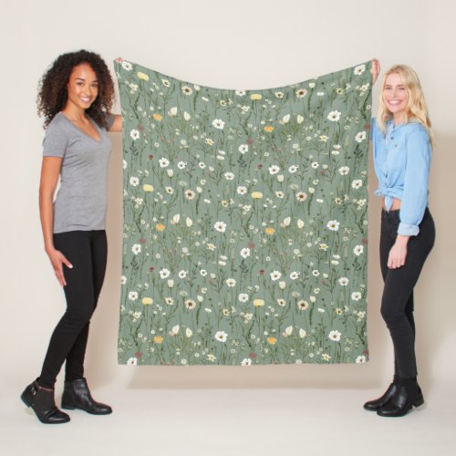 Sage Green Yellow White Boho Wildflowers Floral Fleece Blanket