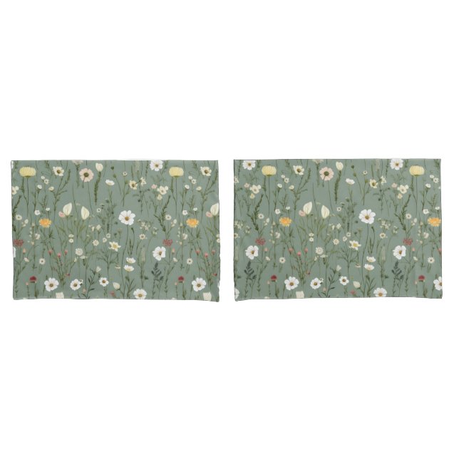 Sage Green Yellow White Boho Wildflowers Floral Pillow Case (Front-Set)