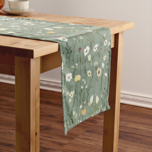 Sage Green Yellow White Boho Wildflowers Floral Short Table Runner (In Situ)