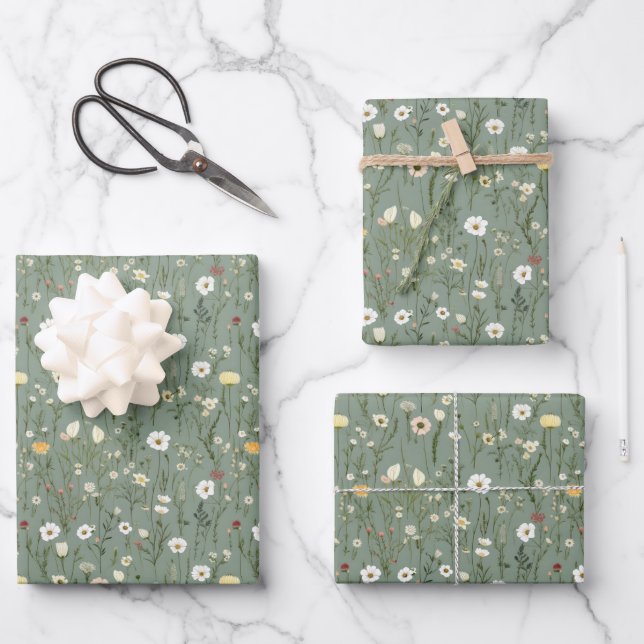 Sage Green Yellow White Wildflowers Bridal Shower  Wrapping Paper Sheets (Front)