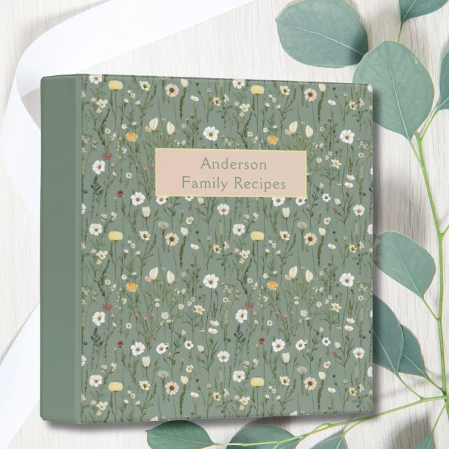 Sage Green Yellow White Wildflowers Family Recipe 3 Ring Binder (Sage Green White and Yellow Floral Pattern Family Recipe Binder. Bridal Shower gift. Gift for cook)