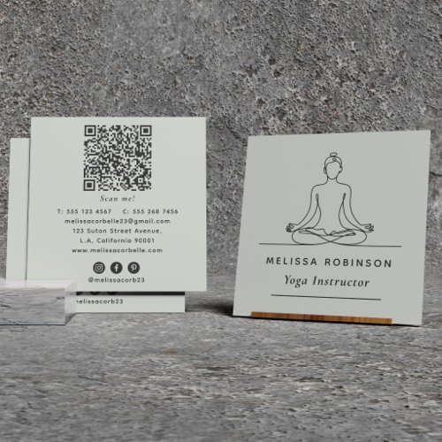 Sage Green Yoga Instructor QR Code &amp; Social Media Square Business Card