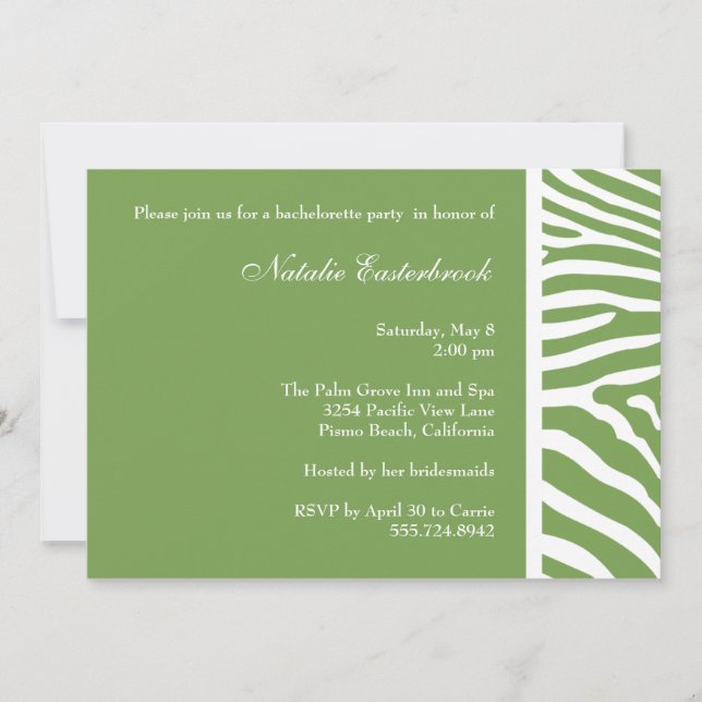 Sage Green Zebra Bachelorette Party Invitation (Front)